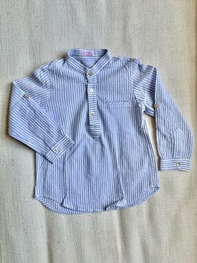 La Coqueta Blue & White Seersucker Stripe Mandarin Collar Shirt, 4T